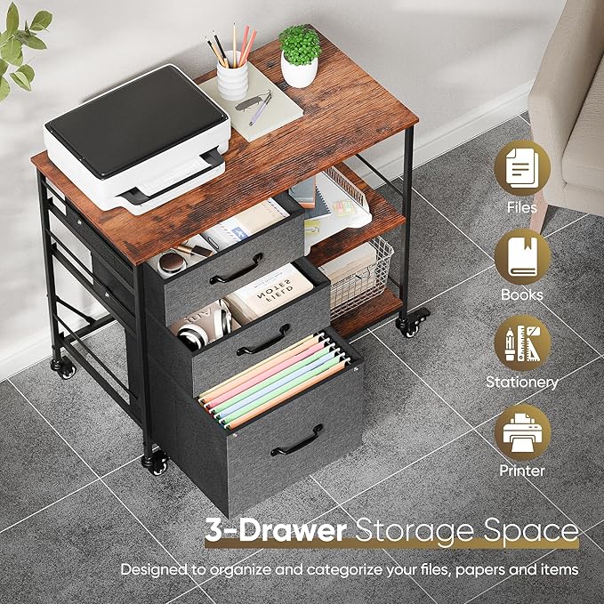 JungleA 3 Drawer Mobile File Cabinet, with 3 Fabric Drawers and 2 Shelves, Mobile Storage Organizer Cart for Office, Study Room, Library, Dark Gray