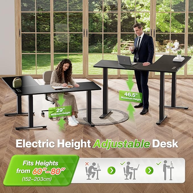 Huuger L Shaped Standing Desk with Power Outlets, 63 x 55 Inch Height Adjustable Computer Desk for Bedroom, Corner Stand up Desk for Home and Office, Work and Study, Black