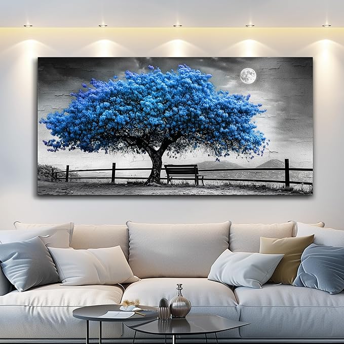 FUHAIHUA Large Wall Decor For Living Room Canvas Wall Art For Office Modern Wall Decorations For Bedroom Black And White Landscape Painting Blue Tree Pictures Artwork Room Home Decor 24x48 In