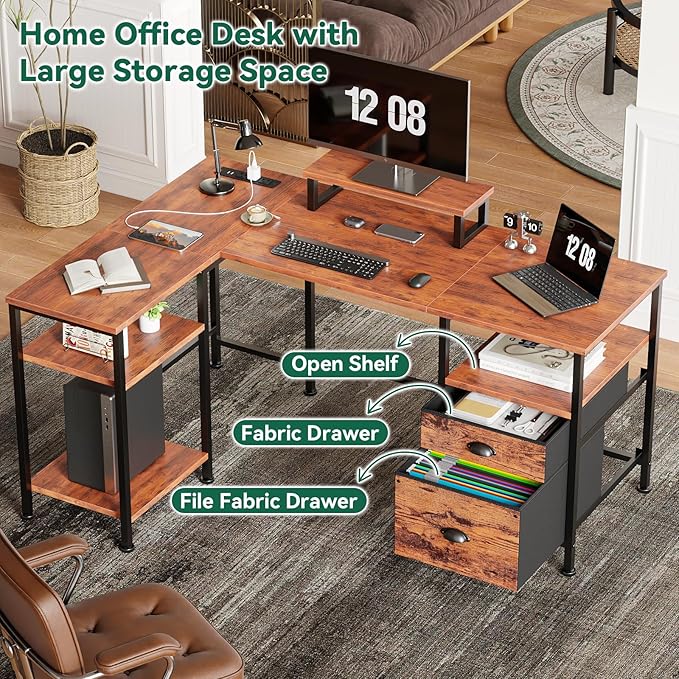 Furologee L Shaped Computer Desk with Power Outlet, Reversible Home Office Desk for Work Study, 50 Inch Corner Gaming Table with File Drawer, Monitor Stand, Storage Shelves, Rustic Brown