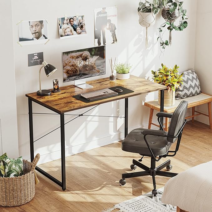 CubiCubi Computer Desk 32" Study Writing Table for Home Office, Modern Simple Style PC Desk, Black Metal Frame, Rustic Brown