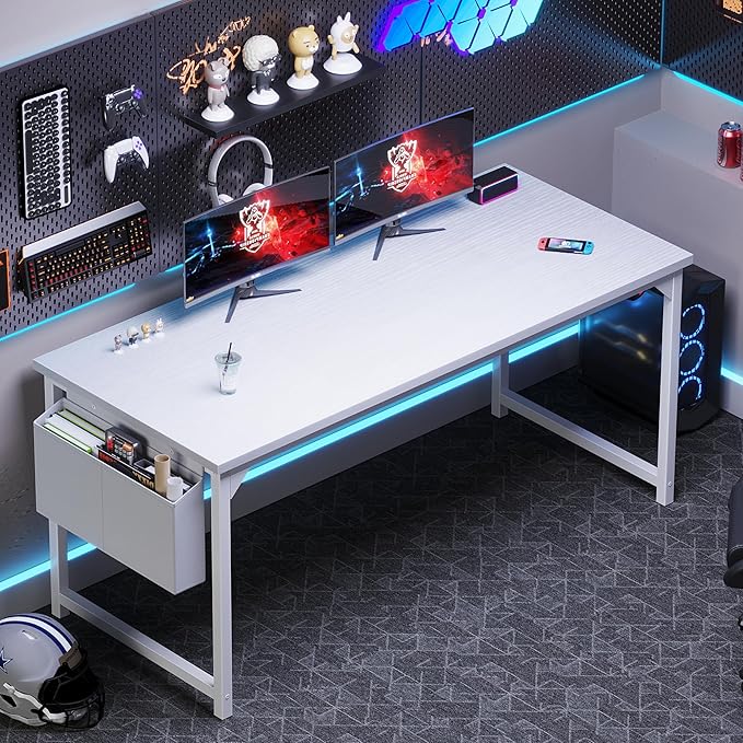 OLIXIS Computer Desk 63 Inch Home Office Desks for Small Spaces, Gaming Writing Study Work Table with Storage Bag and Headphone Hook for Bedroom, White