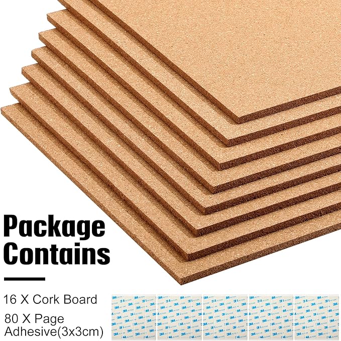 16 Pieces Cork Board Tiles 12 x 12 Square Bulletin 1/4" Thick Cork Board with 80 Self Adhesive Squares Included for Office, School and Home