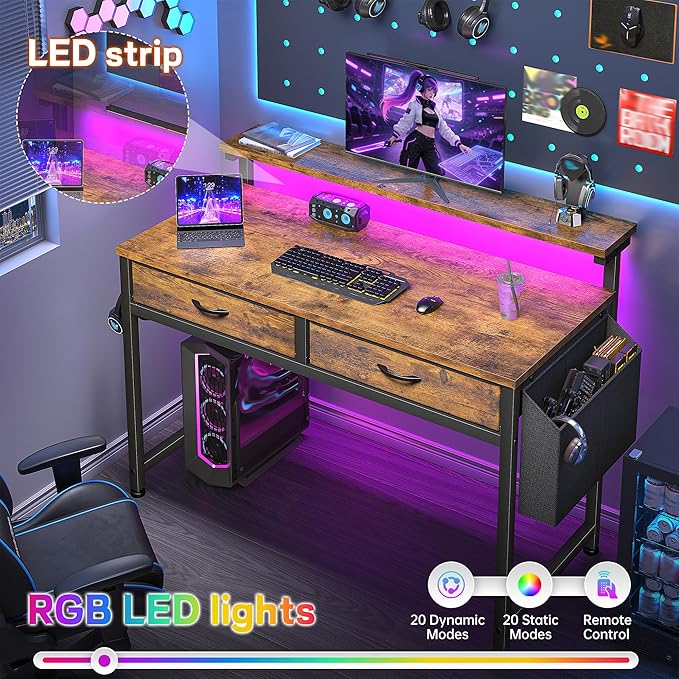 Gaming Desk with LED Lights with 2 Drawers, 31.5 Inch Desk Home Office Desk Computer Desk with Side Pocket & Ergonomic Monitor Stand, Small Space Study Writing Table with Anti-Tip Design, Rustic Brown