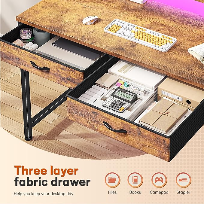 Gaming Desk with LED Lights with 2 Drawers, 31.5 Inch Desk Home Office Desk Computer Desk with Side Pocket & Ergonomic Monitor Stand, Small Space Study Writing Table with Anti-Tip Design, Rustic Brown