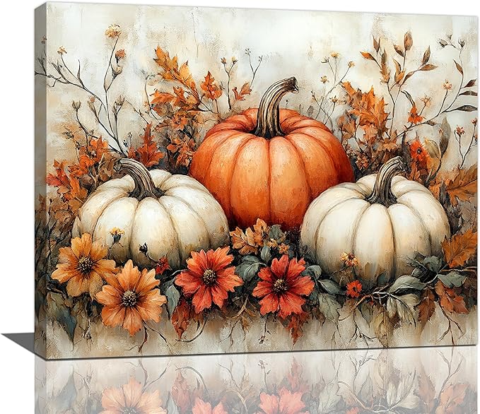 Fall Pumpkin Wall Art Autumn Leaf Pictures Wall Decor Maple Leaves Canvas Painting Modern Artwork Home Decoration for Living Room Bathroom Bedroom Office Framed 20"x16"