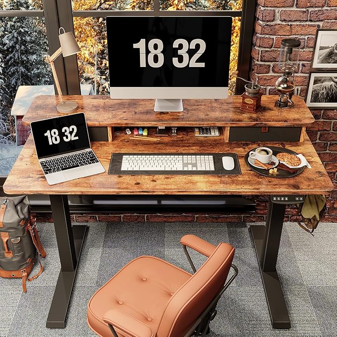 FEZIBO 48 x 24 Inch Height Adjustable Electric Standing Desk with Double Drawer, Stand Up Table with Storage Shelf, Sit Stand Desk, Rustic Brown
