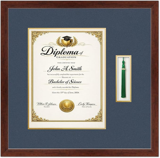 CountryArtHouse Diploma and Tassel Frame Fits 10 x 13 College Diploma (Portrait Traditiona Rustic Walnut Genuine Hardwood Shadowbox with Navy Blue Over Metallic Gold Double mat