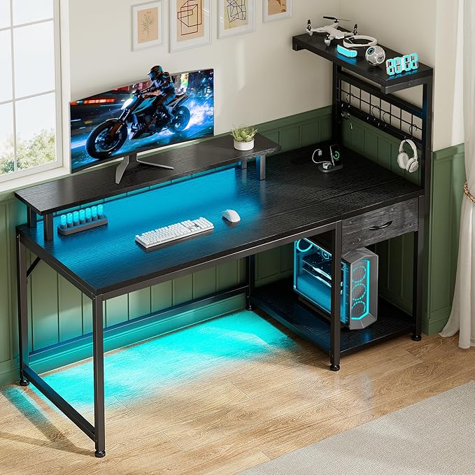 EnHomee 48" Gaming Desk with LED Lights & Power Outlets, Home Office Desk with Monitor Stand, Computer Desk with Drawer & Storage Shelves for Living Room, Study Room, Gaming Room, Black
