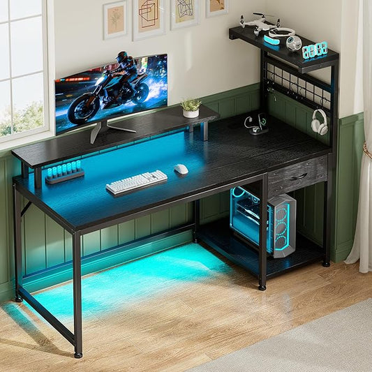 EnHomee 48" Gaming Desk with LED Lights & Power Outlets, Home Office Desk with Monitor Stand, Computer Desk with Drawer & Storage Shelves for Living Room, Study Room, Gaming Room, Black