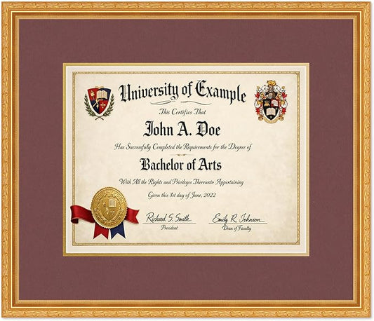 CountryArtHouse Diploma Frame Fits 14 x 11 College Diploma (Modern) - Keepsake Graduation Display Museum Gold Genuine Hardwood with Dark Red Over Metallic Gold Double mat