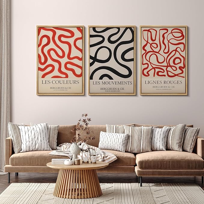 SIGNFORD Framed Wall Art Print Set French Modern Abstract Line Red and Black Curved Shapes Digital Art Modern Art Contemporary for Living Room, Bedroom, Office - 24"x36"x3 NATURAL