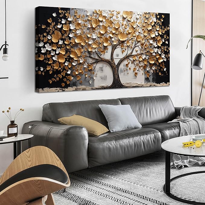 SKYRISE Abstract Gold Tree Wall Art for Living Room, Golden Tree Canvas Wall-Decor for Bedroom, Modern Landscape Decorative-Picture Print Artwork for Office Home, Large Size 59x29 Inches