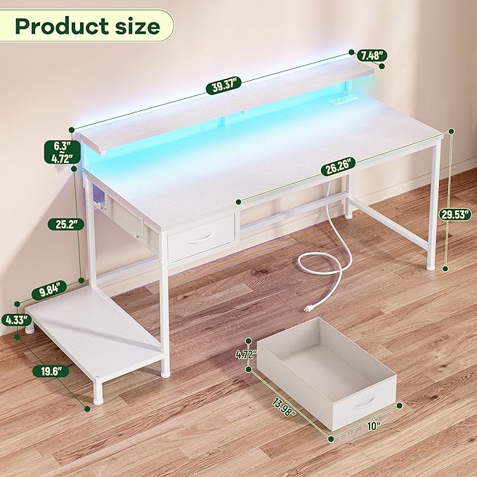 39.3Inch Computer Desk with Power Outlet & Drawer,Gaming Desk with CPU Stand& LED Lights,Corner Office Desk with Ergonomic Monitor Stand for Home Work, Study and Gaming, Small Spaces,White