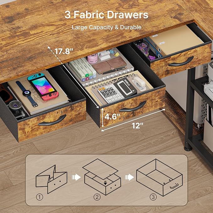Gizoon Corner Computer Desk, 53 Inch L Shaped Office Desk with Power Outlets, Drawers, Reversible Storage Shelves, CPU Stand and Hooks for Living Room, Home Office, Study, Gaming(Rustic Brown)