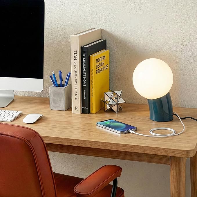 Brightech Vino LED Table Lamp - Small 8" Modern Dimmable Metal Lamp with USB-C Charging, Frosted Glass Globe Shade - Warm White Accent Light for Bedroom, Living Room, Bedside, Nightstand - Teal