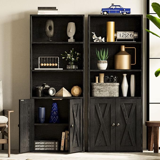 IRONCK Industrial Bookshelves and Bookcases with Doors 11.8 in Depth Floor Standing 5 Shelf Display Storage Shelves Tall Bookcase for Home, Office, Living Room