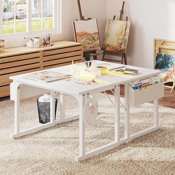 32 Inch White Computer Desk with LED Lights for Small Spaces, Office Desk for Home Office, Gaming Study Desk Writing Table with Storage Bag,Desk with Frame Headphone Hook