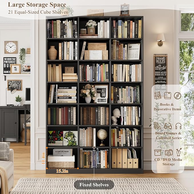 HOSTACK 86" H Triple Wide Bookshelf and Bookcase, 7 Tier Tall Bookshelf with Storage, Large Bookcase with 21 Open Display Storage Shelves, Wood Book Shelf Media CD DVD Storage for Living Room, Black