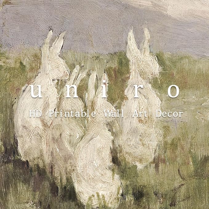 uniro Abstract Easter Bunnies Wall Art Decor, Animal Rabbit Drawing Etching Rustic Picture, Vintage Farmhouse Decor Bunny Sketch Drawing, Minimalist Mid Century Country Room Decor (8" x 10"-UNFRAMED)