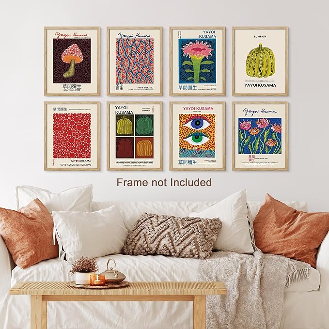 SIGNWIN Poster Wall Art Set of Mushroom Botanical, Blue Red Dots, Japanese Pumpkin The Ocean Minimalist Decor for Living Room, Bedroom, Office - 8"x10"x 8