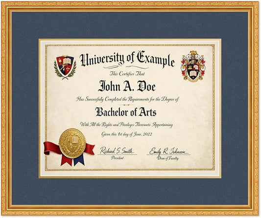 CountryArtHouse Diploma Frame Fits 17 x 13 International Diploma - Keepsake Graduation Display Museum Gold Genuine Hardwood with Navy Blue Over Metallic Gold Double mat