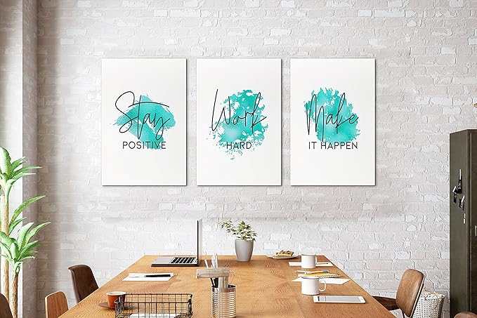 SHMAO Teal Office Canvas Wall Art Motivational Wall Decor, 3 Piece Stay Work Make Print Pictures for Office Wall Decor Women Inspirational Framed Artwork Home Office Decor 16”x24”x3 Panels