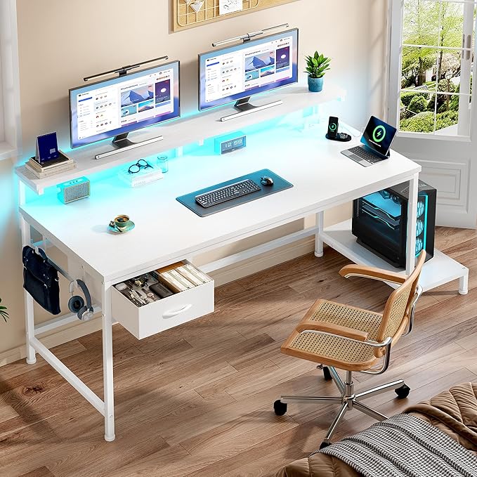 39.3Inch Computer Desk with Power Outlet & Drawer,Gaming Desk with CPU Stand& LED Lights,Corner Office Desk with Ergonomic Monitor Stand for Home Work, Study and Gaming, Small Spaces,White