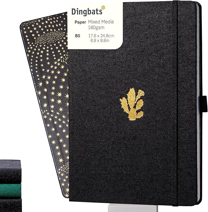 Dingbats* Pro Plain Large B5 Notebook - Black Textile Cover, Thread-Bound Writing Journal - for Work, Travel - Pocket, Elastic Closure, Bookmark