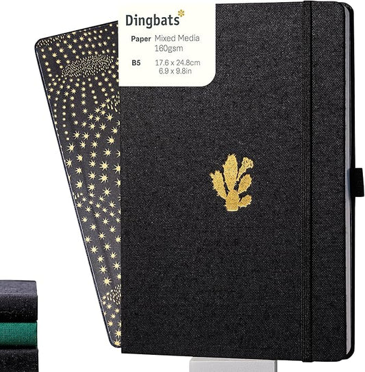Dingbats* Pro Plain Large B5 Notebook - Black Textile Cover, Thread-Bound Writing Journal - for Work, Travel - Pocket, Elastic Closure, Bookmark