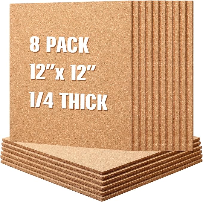 Crtiin 8 Pcs Square Cork Board Tiles 12"x12" 1/4" Thick Bulletin Boards Natural Cork Sheets with Self Adhesive Backing Brown Corkboards for Wall School Office Home DIY Supplies