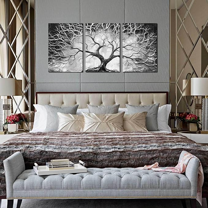 Tree Pictures Wall Art for Living Room - Black and White Canvas Wall Art for Bedroom - Home Office Decor Wall Size 16" x 24" x 3 Pieces