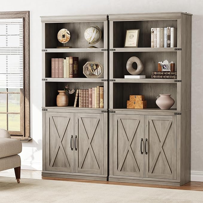 GarveeHome 5 Tier Book case with Cabinet, Farmhouse Book Shelf with Storage Doors, 68.7 in Tall Wooden 5 Shelf Case for Home Office, Living Room, Bed Room-(Grey, 68.7 in H x 31.5 in W x 12.9 in D)