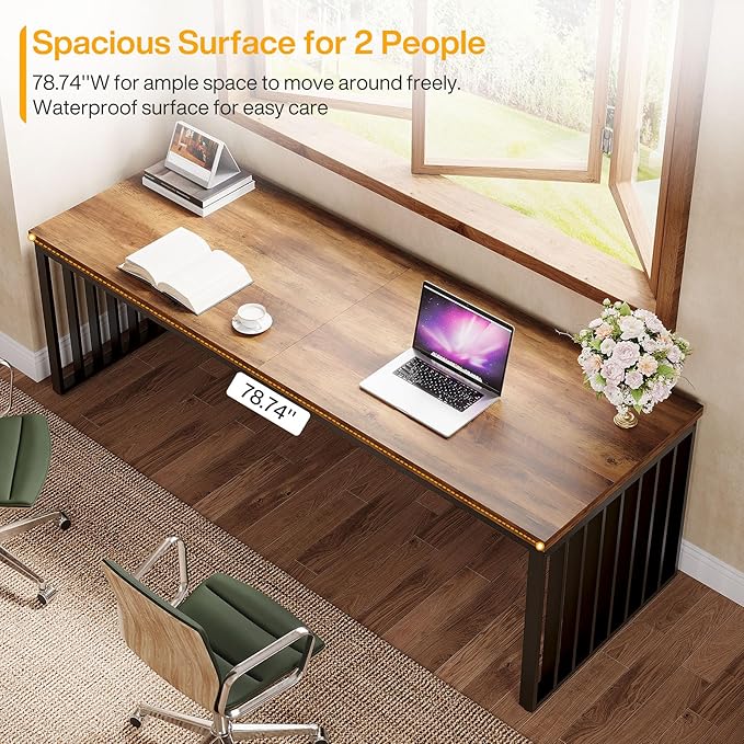 Tribesigns 2-Person Desk with Metal Frame, 78.74" Double Desk for Two People, Industrial Long Computer Writing Table for 2 People Home Office (Oak)