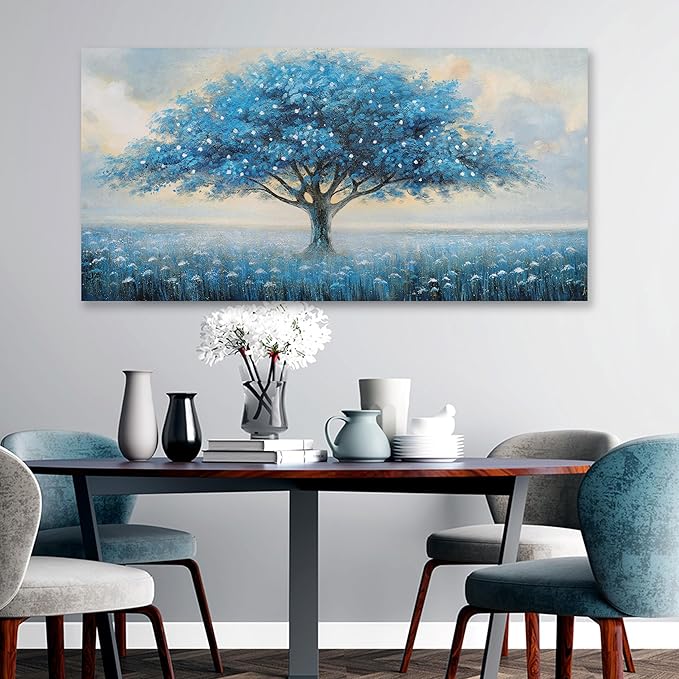 Glvzygy Blue Tree of Life Wall Art Abstract Modern Artwork Canvas Painting Textured Tree Pictures Wall Decor Home Decor Wall Ready to Hang for Bedroom Living Room Size 29"x58"