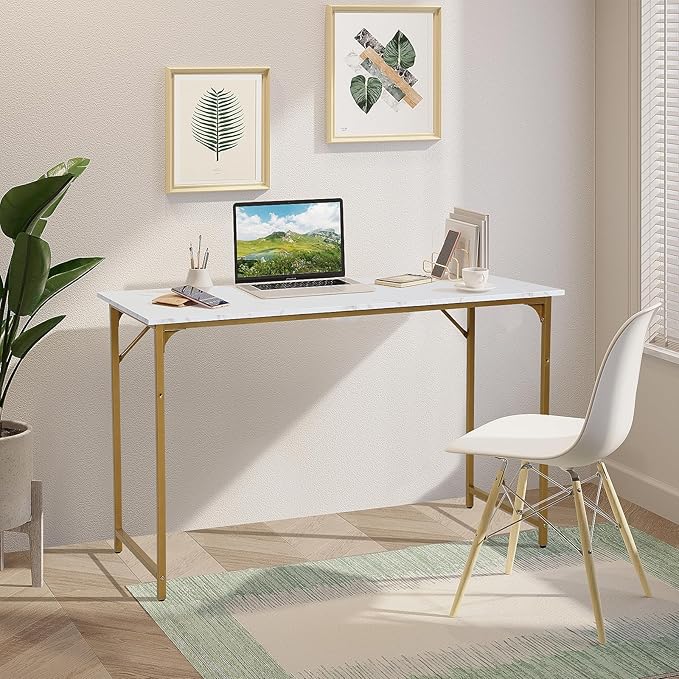 Computer Desk, 48 Inch Office Desk with Metal Frame, Home Office Desk, Modern Simple Style for Home Office, Living Room, Bedroom, White Gold