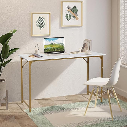 Computer Desk, 48 Inch Office Desk with Metal Frame, Home Office Desk, Modern Simple Style for Home Office, Living Room, Bedroom, White Gold
