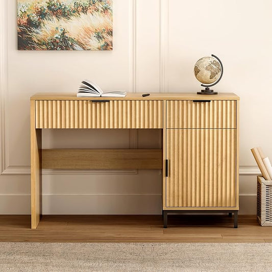 47" Executive Desk with Fluted Drawers, Wooden Home Office Desk with Storage Cabinet, Charging Station, Metal Legs Modern Farmhouse Computer Desk for Work, Study Natural Oak