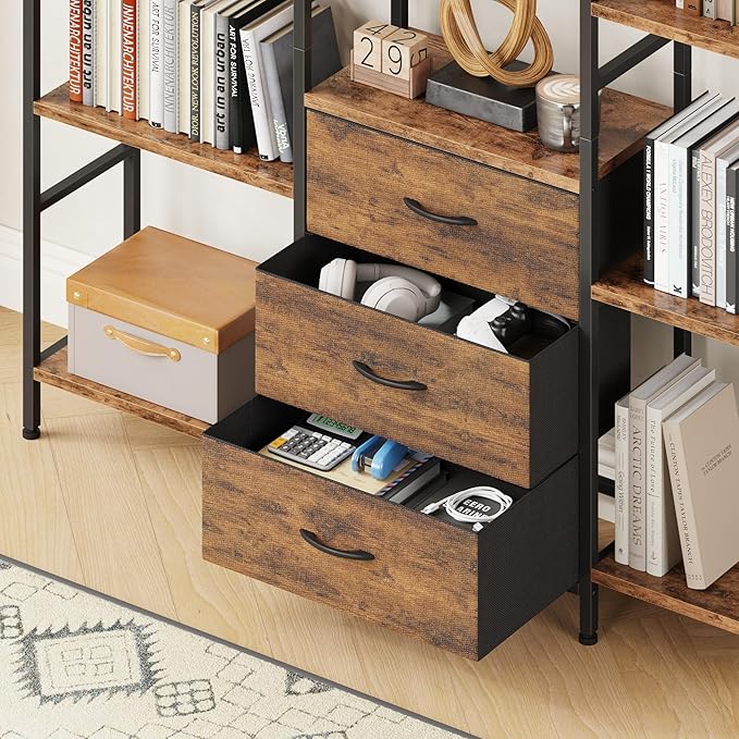 Triple Bookshelf with 3 Fabric Drawers, 5-Tier Book Shelf and 10 Display Shelves, Industrial Large Bookcase for Home & Office, Rustic Brown, 47'' Wide