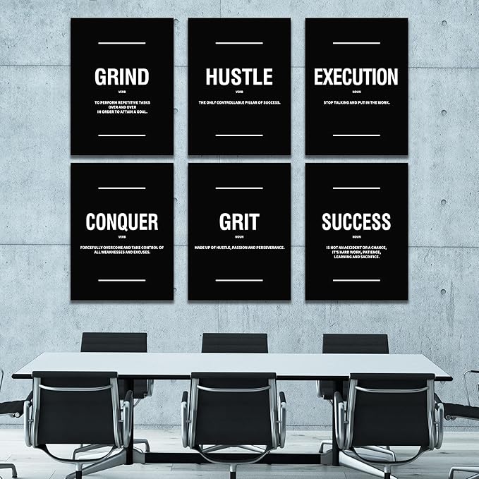 COSCTOR Set of 6 Motivational Wall Art Picture Decor Grind Hustle Execution Grit Conquer Success Canvas Framed for Office Bedroom Inspirational Workplace Posters Black and White Paintings Ready to Hang(Framed,9x12)