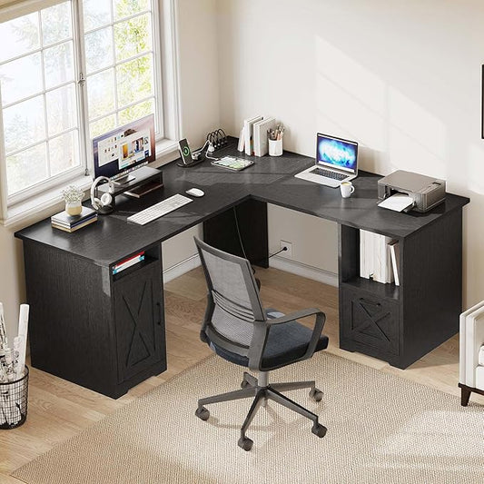 DWVO L Shaped Desk with File Drawer, 60" Corner Computer Desk with Power Outlets, Home Office Desk with Monitor Stand & Storage Shelves & File Cabinet, Black