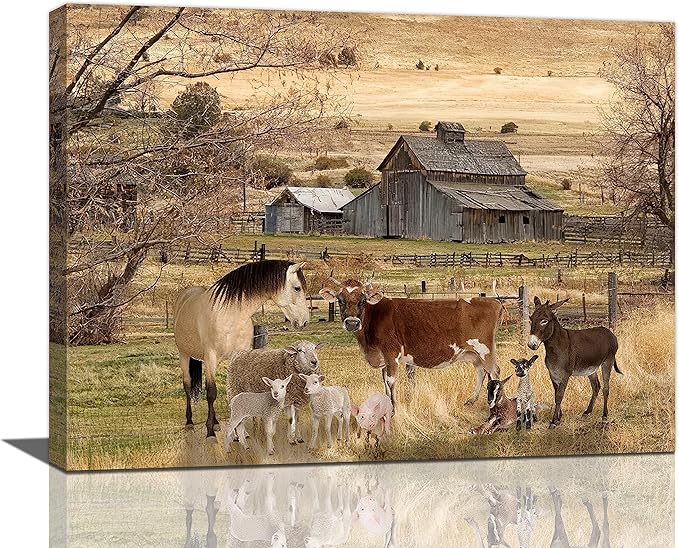 yerretin Farm Animal Wall Art Country Old Barn Pictures Wall Decor Rustic Canvas Print Farmhouse Landscape Painting Modern Home Artwork for Living Room Bedroom Bathroom Office Framed, 16"x12"
