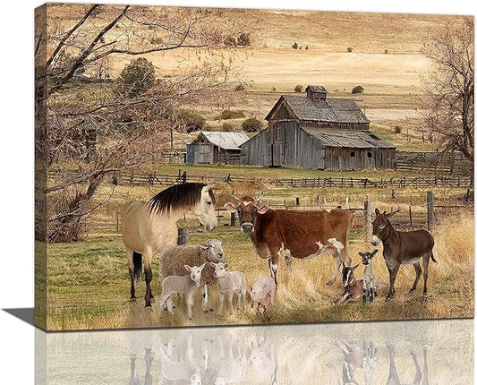 yerretin Farm Animal Wall Art Country Old Barn Pictures Wall Decor Rustic Canvas Print Farmhouse Landscape Painting Modern Home Artwork for Living Room Bedroom Bathroom Office Framed, 16"x12"