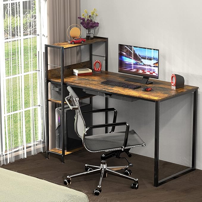 SHW 46-Inch Home Office Mission Computer Desk with Side Shelf and Drawer, Rustic Brown
