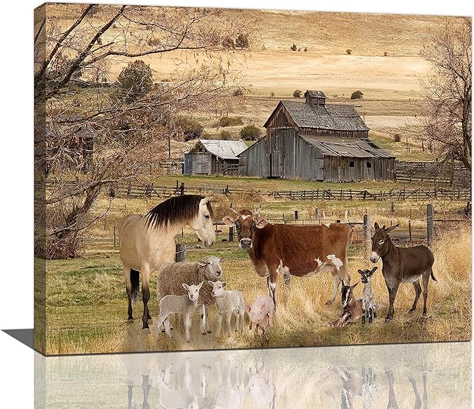yerretin Farm Animal Wall Art Country Old Barn Pictures Wall Decor Rustic Canvas Print Farmhouse Landscape Painting Modern Home Artwork for Living Room Bedroom Bathroom Office Framed, 20"x16"