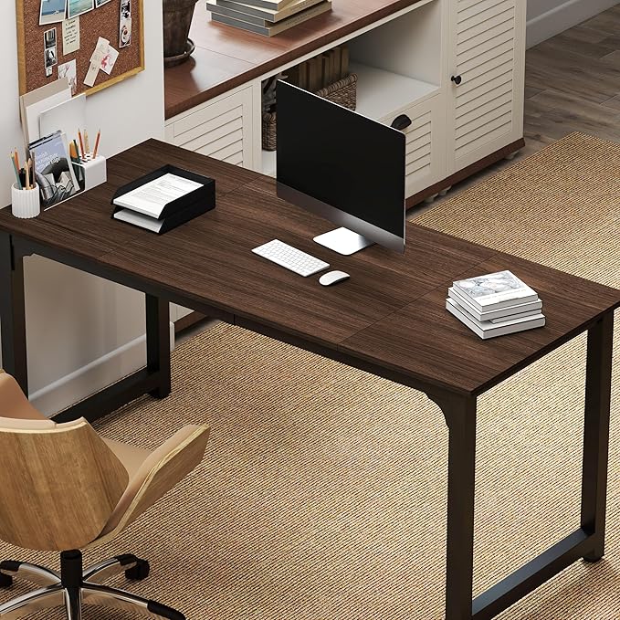 NSdirect Large Office Desk for Home Office, Large 63” Computer Desk Table, Wide Writing Study Desk for 2 Person, Metal Sturdy Frame Thicker Steel Legs, Black Chocolate