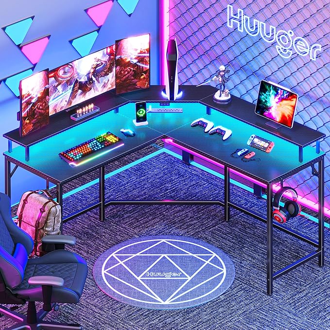 Huuger L Shaped Gaming Desk with Power Outlets & LED Lights, Computer Desk with Monitor Shelves, Carbon Fiber Surface, Home Office Desk, Corner Gaming Desk with Hooks, Carbon Fiber Black
