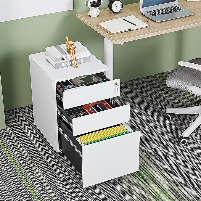 3 Drawer File Cabinet with Lock, Steel Mobile Filing Cabinet on Anti-tilt Wheels, Rolling Locking Office Cabinets Under Desk for Legal/Letter Size (White)