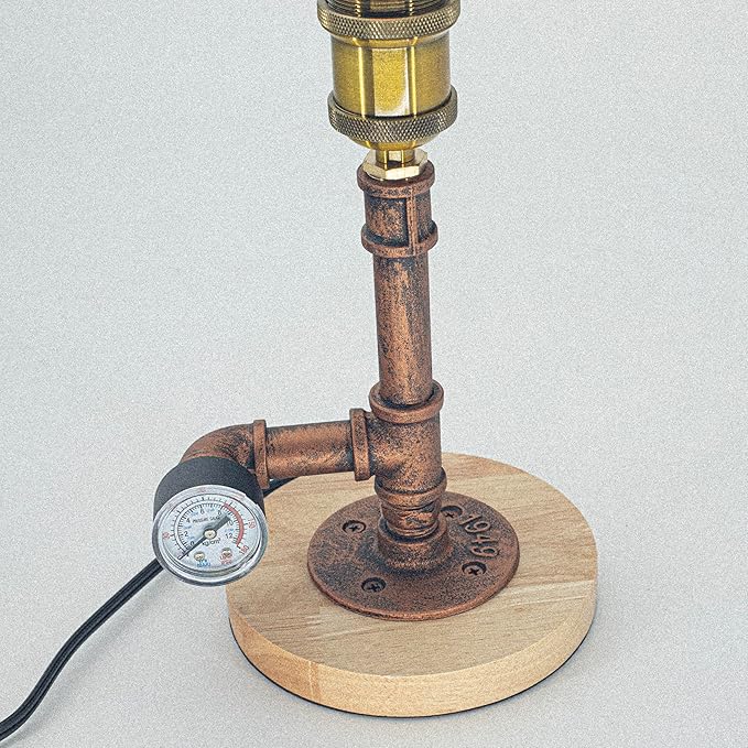 mini Steampunk Compact Copper Pipe Table Lamp with Decorative Pressure Gauge (Wood Base) QTF-BT03