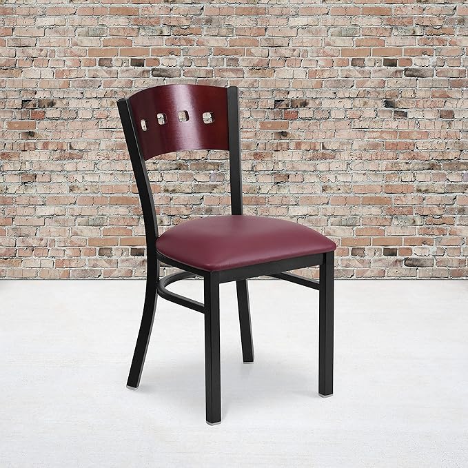 Flash Furniture HERCULES Series Black 4 Square Back Metal Restaurant Chair - Mahogany Wood Back, Burgundy Vinyl Seat
